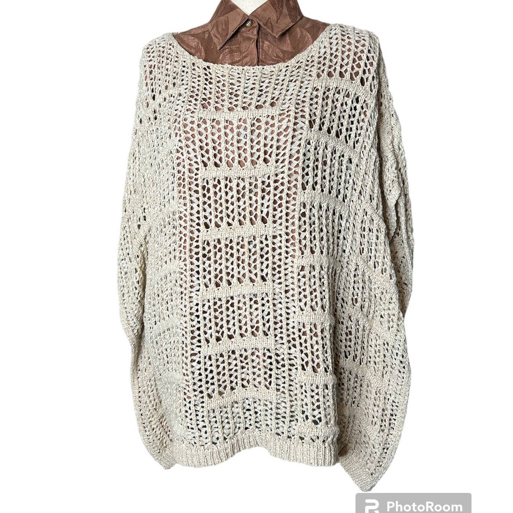 Chico's Open Knit Poncho in Cream Yarn and Ribbon, Chico Size 3-US Size XL